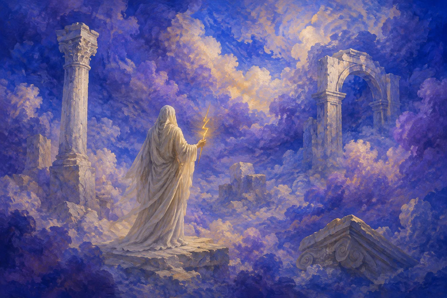 Original contemporary painting of a draped anonymous figure with a golden lightning motif among violet clouds and invented classical fragments