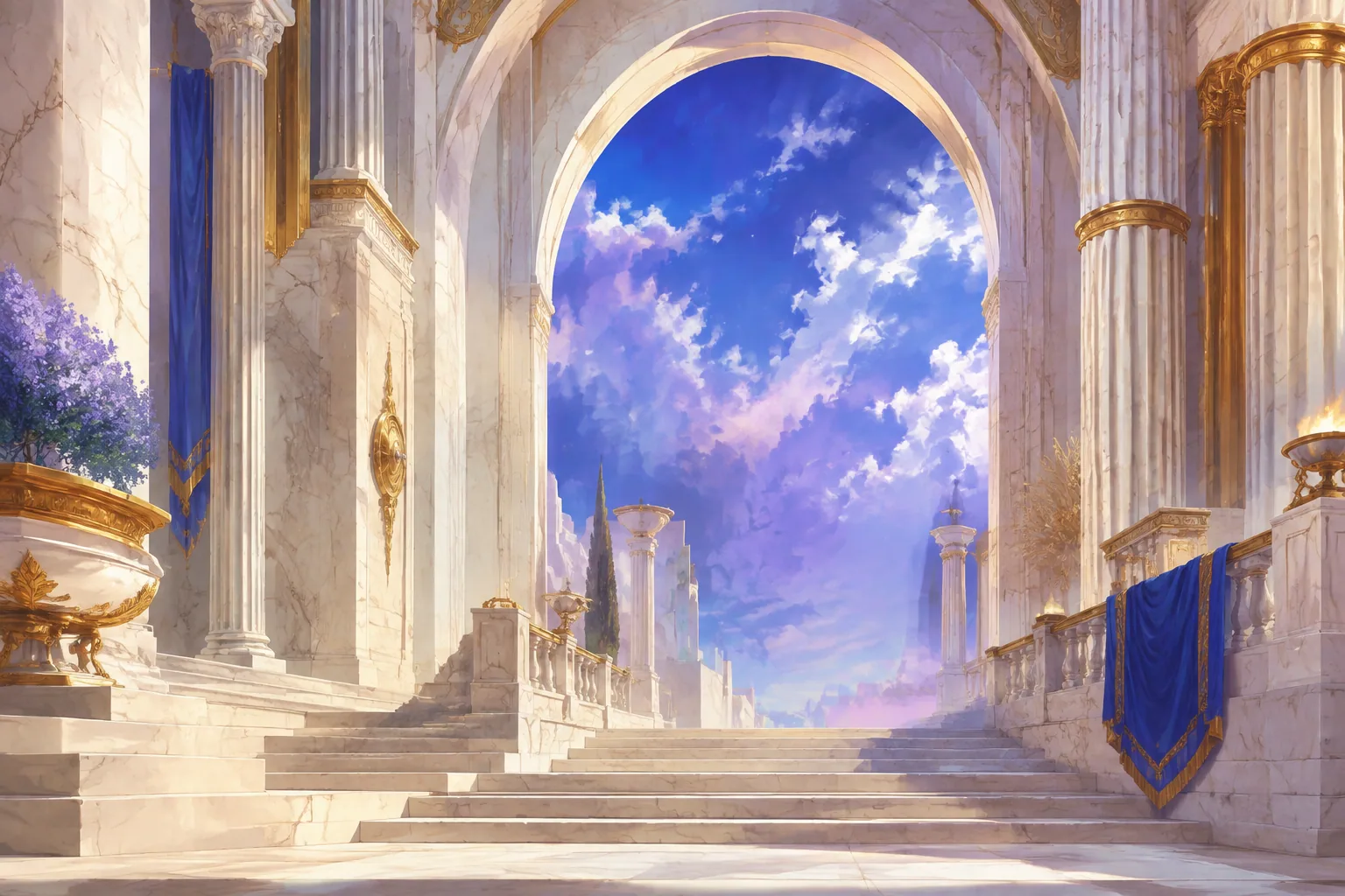 Contemporary fantasy illustration of a luminous marble sanctuary, stairs and a large arch opening to a blue and violet sky
